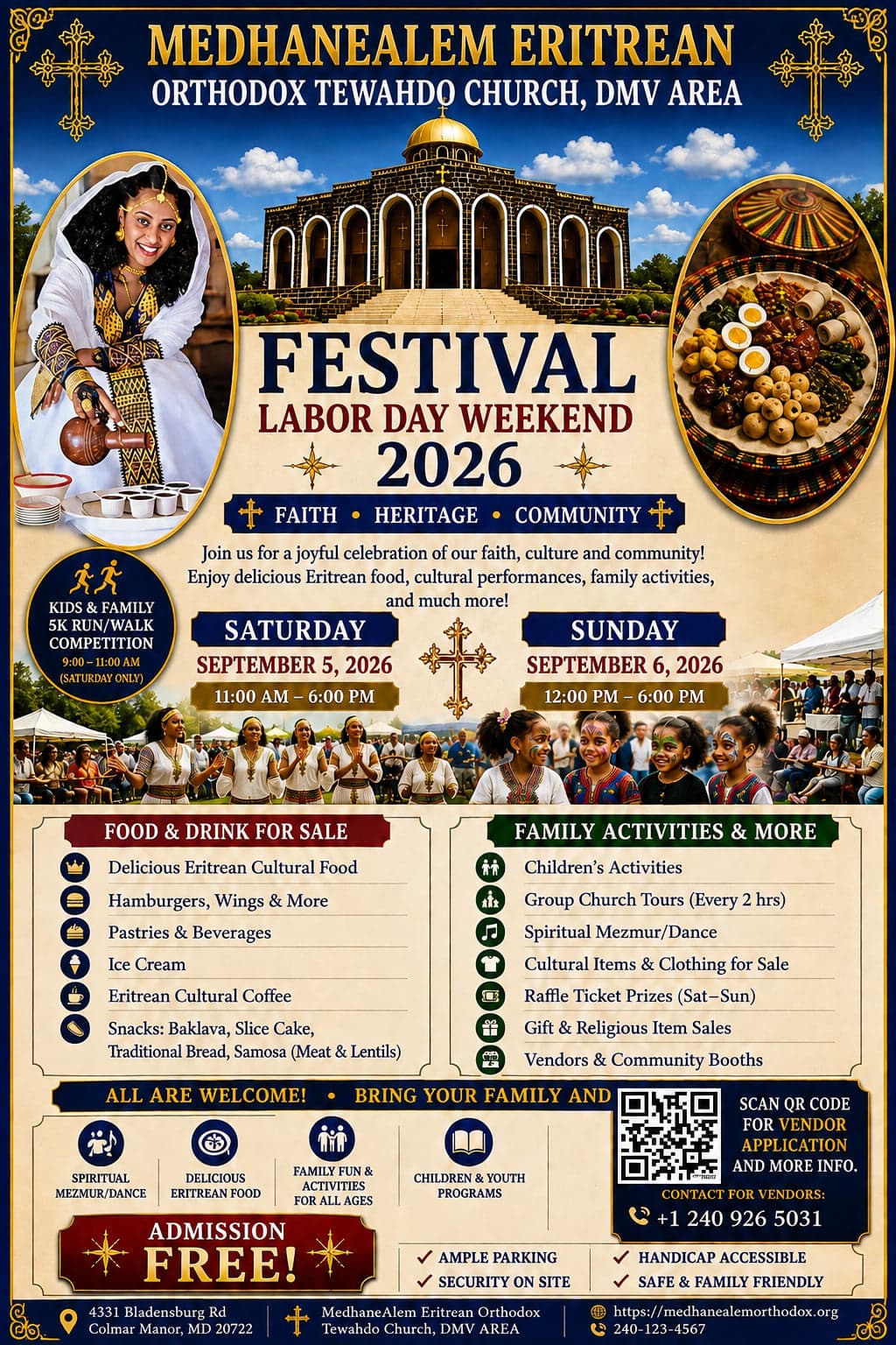 Detailed Festival Labor Day Weekend 2026 flyer — full food and drink menu, family activities, vendor QR code, free admission