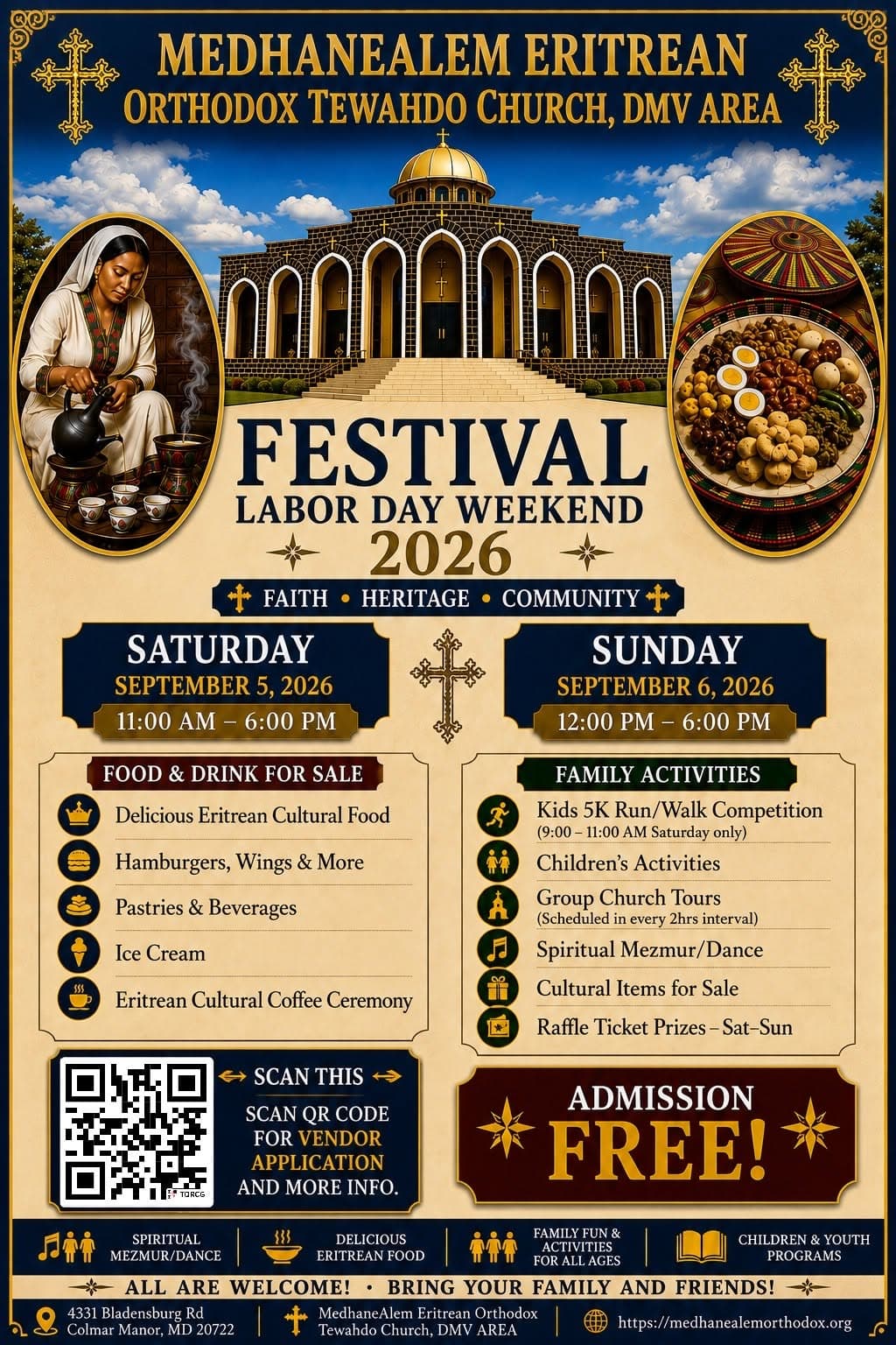 MedhaneAlem Eritrean Orthodox Tewahdo Church Festival flyer — Labor Day Weekend 2026, Saturday September 5 and Sunday September 6, free admission